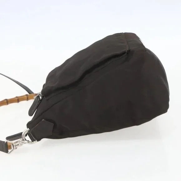 GUCCI Bamboo Shoulder Bag Nylon 2way Brown Silver Auth 151470